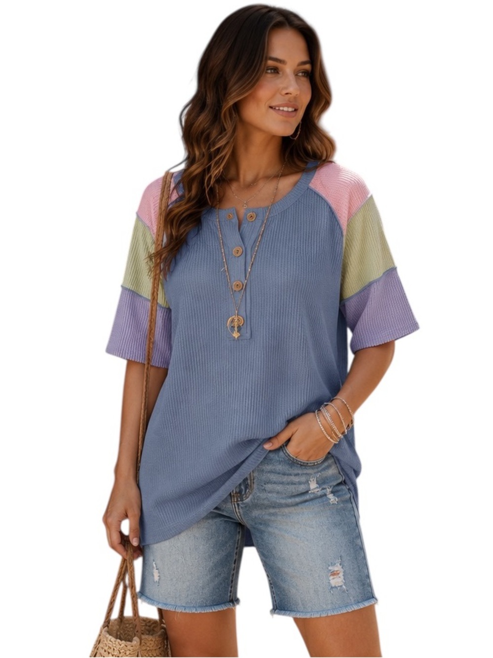 HEIMISH USA Blue Colorblock Short Sleeve Henley Top